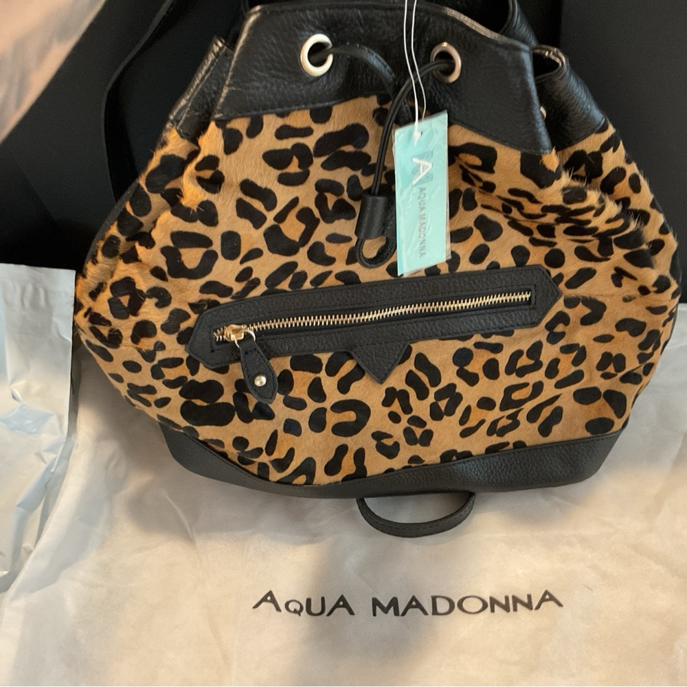 Aqua Madonna Backpack Bag Purse Handbag Black/Leopard Leather Calf Hair NWT